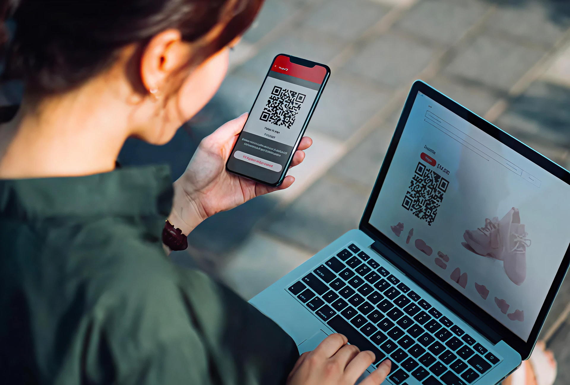 Mujer realizando compra online con el teléfono móvil y el portátil